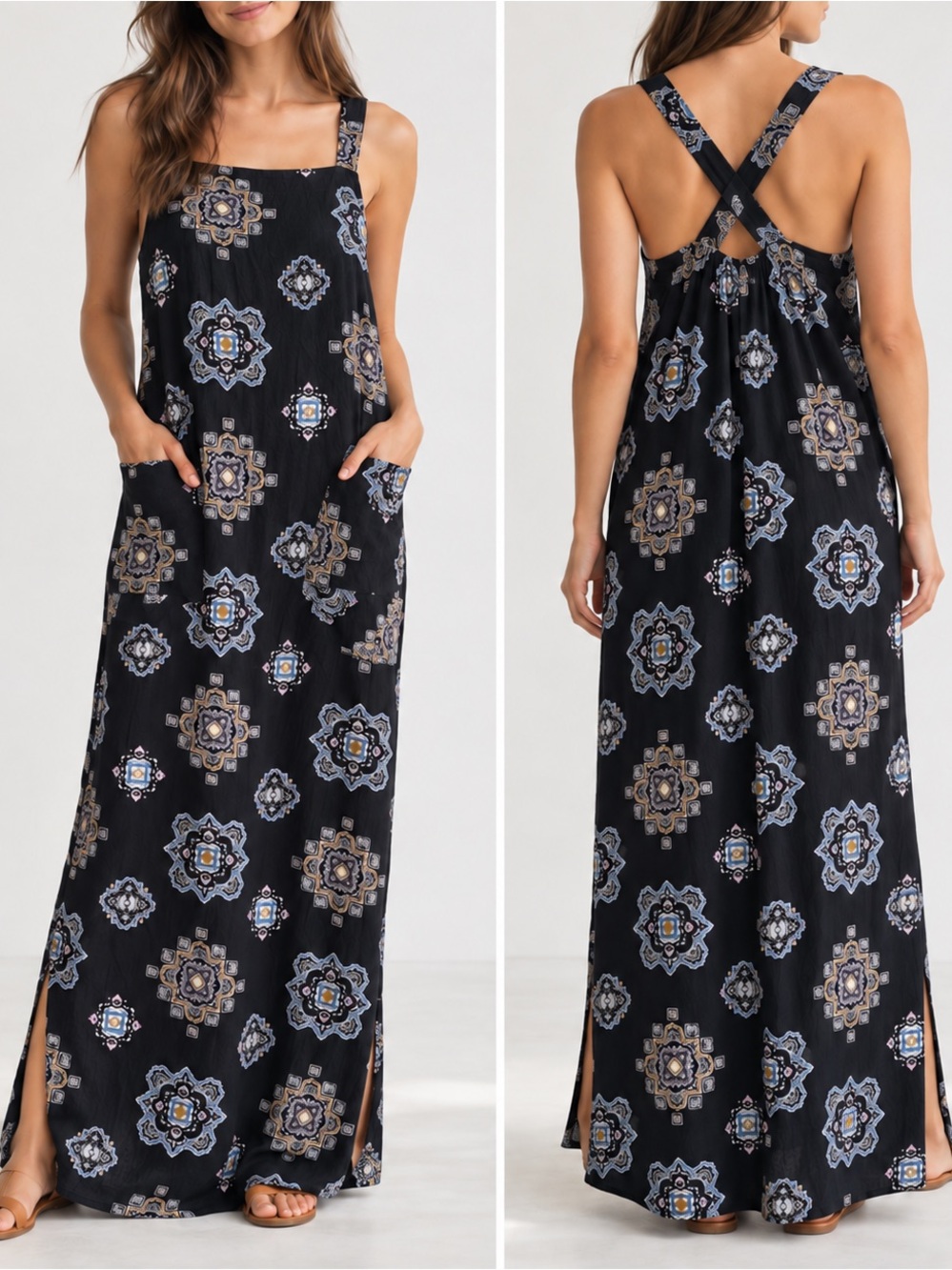 Free People Black Printed Maxi Dress with Cross-Back Straps size 4